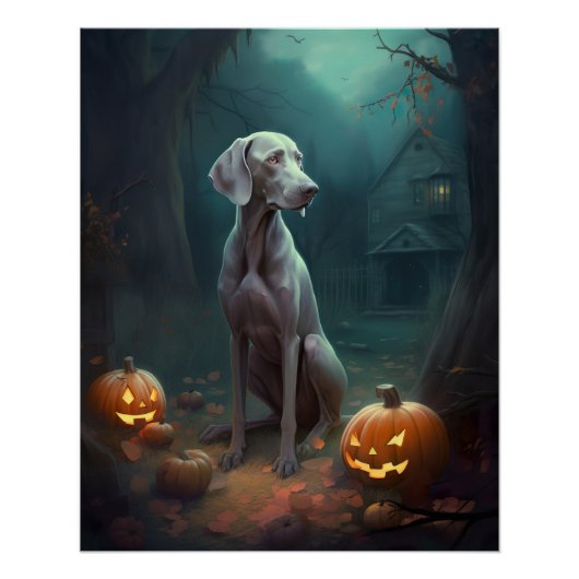 ハロウィンのヴァイマラナーとカボチャの怖いデザイン ポスター (正面)