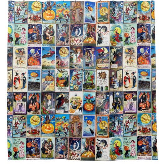 ハロウィンのヴィンテージの郵便はがき シャワーカーテン (正面)