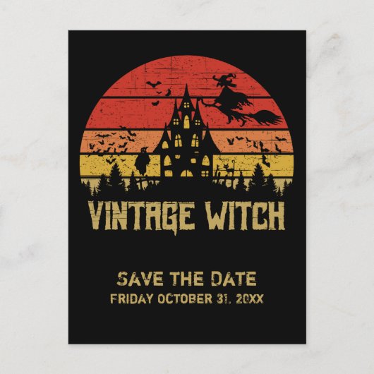 ハロウィンのヴィンテージ魔女レトロな夕焼け 案内ポストカード (正面)