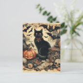 ハロウィンのヴィンテージ ブラックキャット ホリデー シーズンポストカード (スタンド正面)