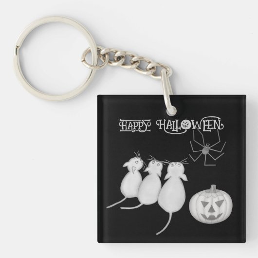 ハロウィンの三匹の猫とカボチャとクモ キーホルダー (正面)