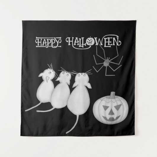 ハロウィンの三匹の猫、かぼちゃ、蜘蛛 タペストリー (正面)