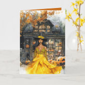ハロウィンの不気味な店舗の魔女ハロウィンカード カード (黄色い花)