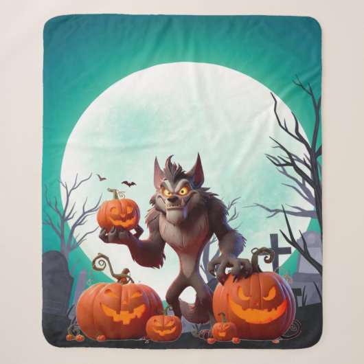 ハロウィンの人狼とかぼちゃ シェルパブランケット (正面)