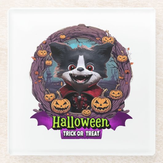 ハロウィンの仔犬のコスチューム ガラスコースター (正面)