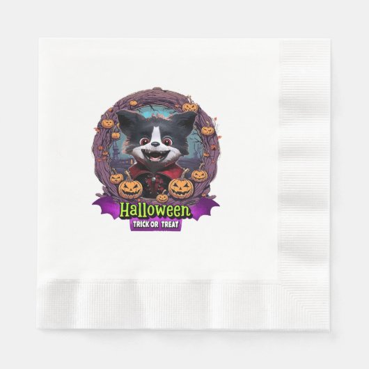 ハロウィンの仔犬のコスチューム 縁ありランチョンナプキン (正面)