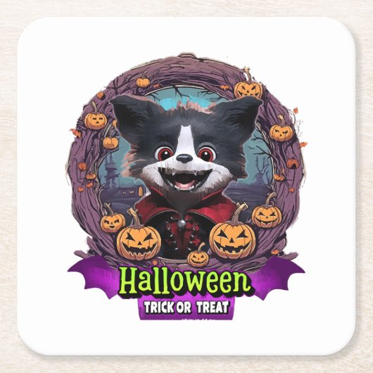 ハロウィンの仔犬の仮装 スクエアペーパーコースター (正面)
