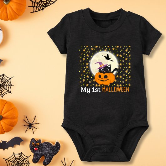 ハロウィンの仮装カボチャと黒猫かわいい ベビーボディスーツ