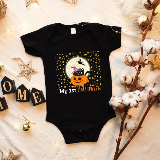 ハロウィンの仮装カボチャと黒猫かわいい ベビーボディスーツ