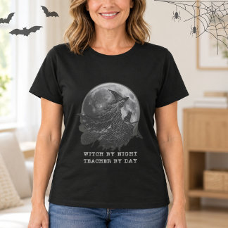 ハロウィンの先生の魔法使い満月ライトレタリング Tシャツ