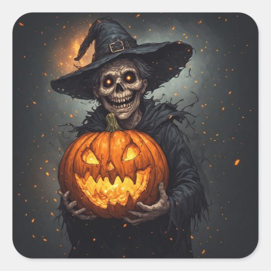 ハロウィン🎃の光るカボチャを持つ魔女のスケルトン スクエアシール (正面)