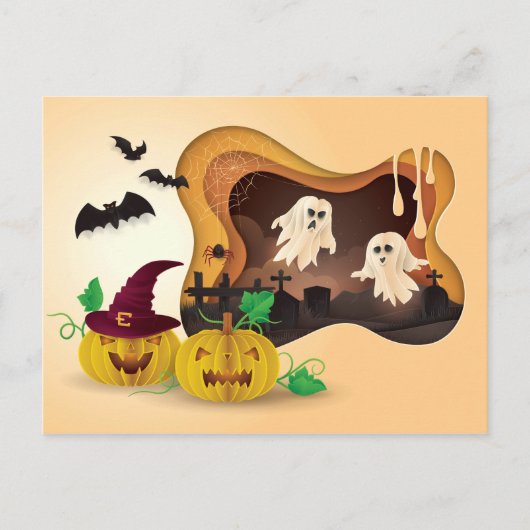 ハロウィンの切り絵 墓場の幽霊 ポストカード (正面)
