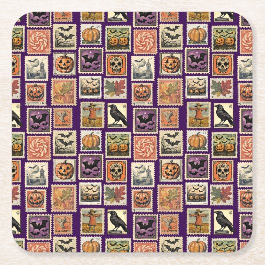 ハロウィンの切手柄の枕カバー スクエアペーパーコースター (正面)