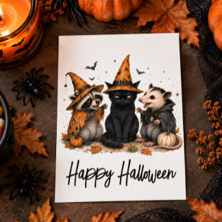 ハロウィンの友達 猫 オポッサム アライグマ ポストカード