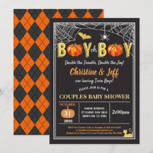ハロウィンの双子ベイビーボーイカップルシャワーパンプキン 招待状