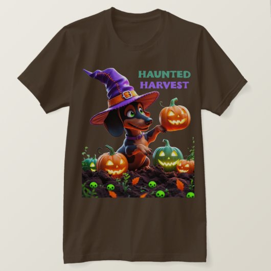 ハロウィンの収穫 – 魔女のダックスフント ハロウィンガーデン Tシャツ (デザイン正面)