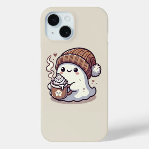ハロウィンの可愛いお化けがニット帽とホットココアで秋を楽しむ iPhone 15ケース