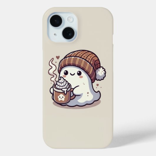 ハロウィンの可愛いお化けがニット帽とホットココアで秋を楽しむ Case-Mate iPhoneケース (裏面)