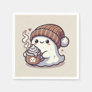 ハロウィンの可愛いお化けが描かれたニット帽とホットココア スタンダードカクテルナプキン