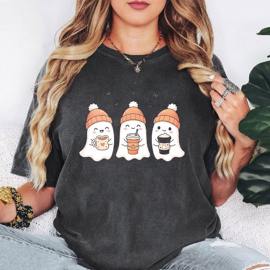 ハロウィンの可愛いお化けと秋の飲み物とコウモリ Tシャツ