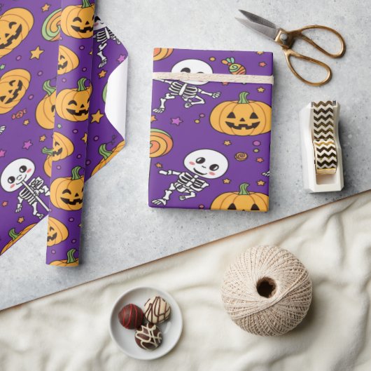 ハロウィンの可愛いスケルトン ラッピングペーパー (クラフト)