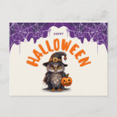 ハロウィンの可愛いフクロウとカボチャ Happy Halloween シーズンポストカード (正面)