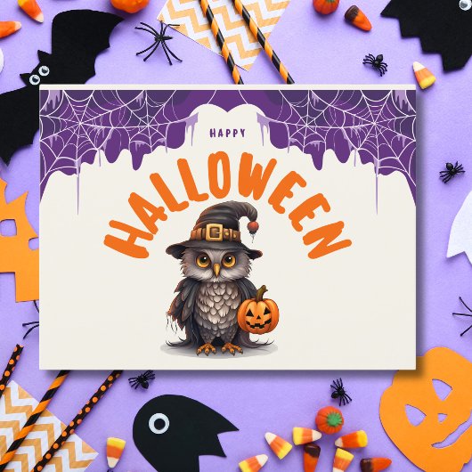 ハロウィンの可愛いフクロウとカボチャ Happy Halloween シーズンポストカード