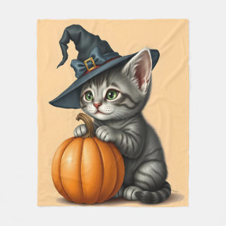 ハロウィンの可愛い子猫、愛らしい魔女の子猫、 フリースブランケット