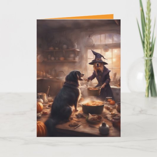ハロウィンの台所にいる魔女の犬のグリーティング カード (正面)