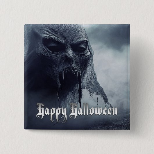 ハロウィンの地獄のような風景の中の黒い幽霊 缶バッジ (正面)