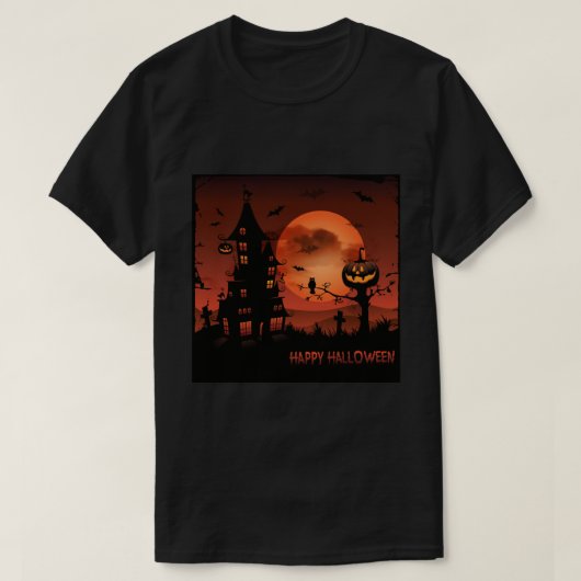 ハロウィンの墓地場面カボチャは月を打ちます Tシャツ (デザイン正面)