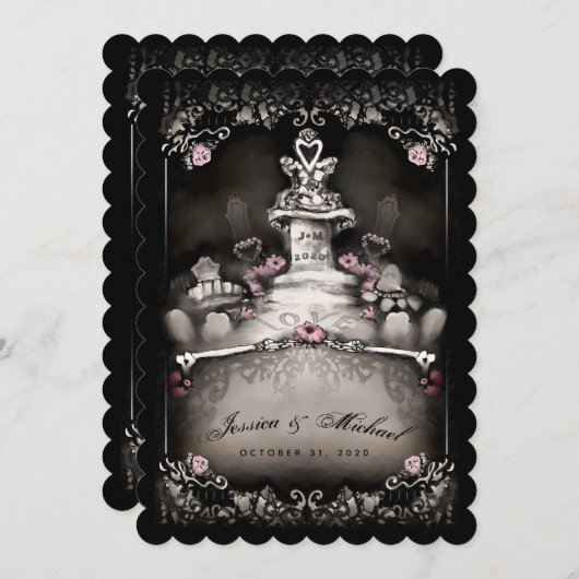 ハロウィンの墓地愛ピンクの花の結婚式の招待 招待状 (正面/裏面)