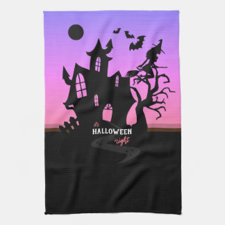 ハロウィンの夕焼けの夜 魔女とコウモリに取り憑かれた家 キッチンタオル