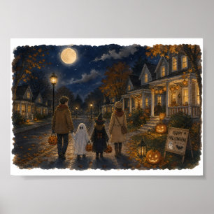 ハロウィンの夜にお菓子をもらいにいく家族のイラスト ポスター