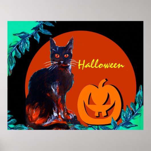 ハロウィンの夜にカボチャを持つ黒猫 ポスター (正面)