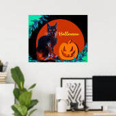 ハロウィンの夜にカボチャを持つ黒猫 ポスター (ホームオフィス)
