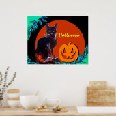 ハロウィンの夜にカボチャを持つ黒猫 ポスター (キッチン)