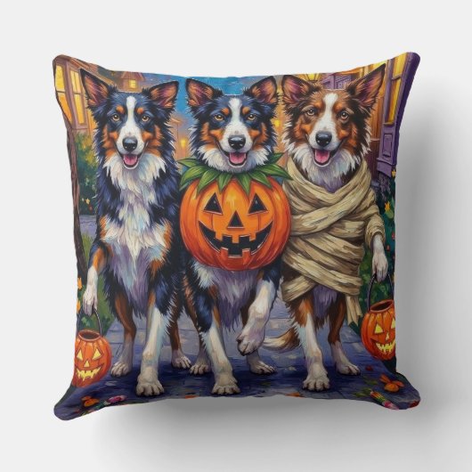 ハロウィンの夜にトリック・オア・トリートをするボーダーコリー クッション (裏面)
