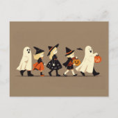 ハロウィンの夜にトリック・オア・トリートをする子供たち シーズンポストカード (正面)