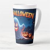 ハロウィンの夜に光るカボチャと幸せな幽霊 カフェラテマグ (右アングル)