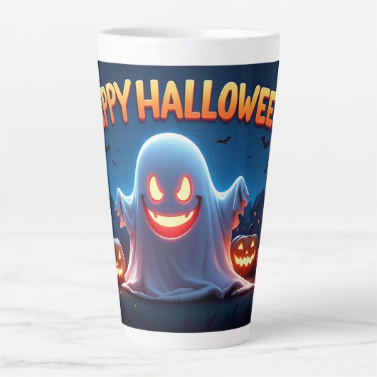 ハロウィンの夜に光るカボチャと幸せな幽霊 カフェラテマグ (正面)