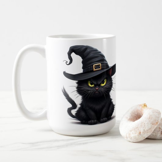 ハロウィンの夜に光る目をした怒った魔女猫 コーヒーマグカップ (ドーナツ)