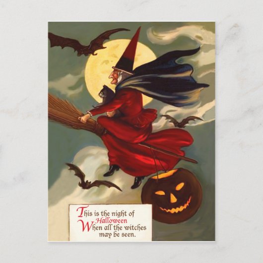 ハロウィンの夜に箒に乗って飛ぶ魔女 ポストカード (正面)