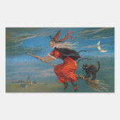 ハロウィンの夜に黒猫に乗って飛ぶ魔女 長方形シール (正面)