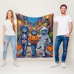 ハロウィンの夜に オリエンタルブルーキャットが トリックオアトリート フリースブランケット