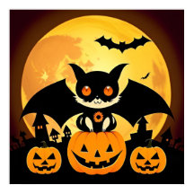 ハロウィンの夜のカボチャとコウモリのイラスト