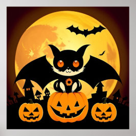 ハロウィンの夜のカボチャとコウモリのイラスト ポスター
