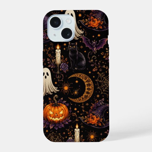 ハロウィンの夜のカボチャと幽霊のパターンアート iPhone 15ケース (裏面)