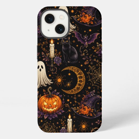 ハロウィンの夜のカボチャと幽霊柄アート iPhoneケース (裏面)