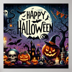 ハロウィンの夜のカボチャ、ドクロ、ホーンテッドハウス ポスター